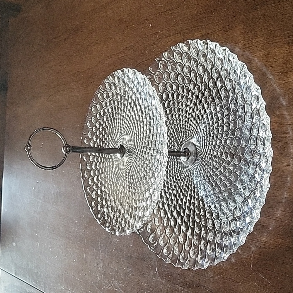 Two tiered dessert plate peacock feather pattern